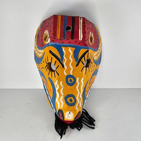 Hand-Painted Wooden Guatemalan Mask With Colorful Tribal Design & Yarn Beard - Picture 2 of 8